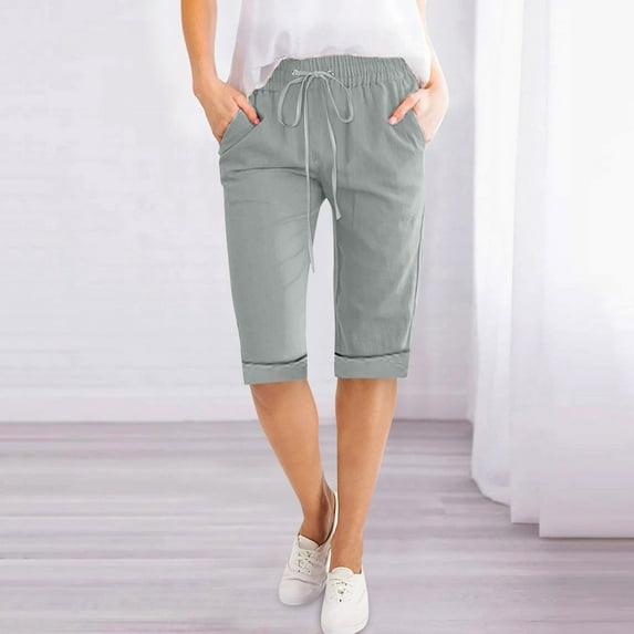 Baqcunre Shorts for Women Women's Five Point Pants Solid Color Drawstring Rolled Trouser Legs Cotton And Linen Loose Straight Pocket Casual Five Point Pants Gym Shorts Women Lounge Shorts Women