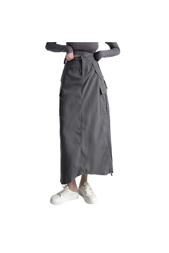 Skirts for Women Women's High Waist Slim Slim Casual Side Drawstring Pleated Tooling Half Skirt Slit Aline Midi Skirt Maxi Skirt Maxi Skirts for Women Grey L(Hot)