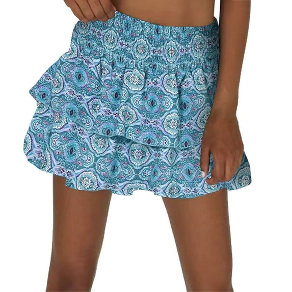 Baqcunre Skirts for Women Women's Pleated Skirt Peplum Print Fashion Floral Short Skirt Pleated Skirts for Women Mini Skirt Sky Blue S(Hot)