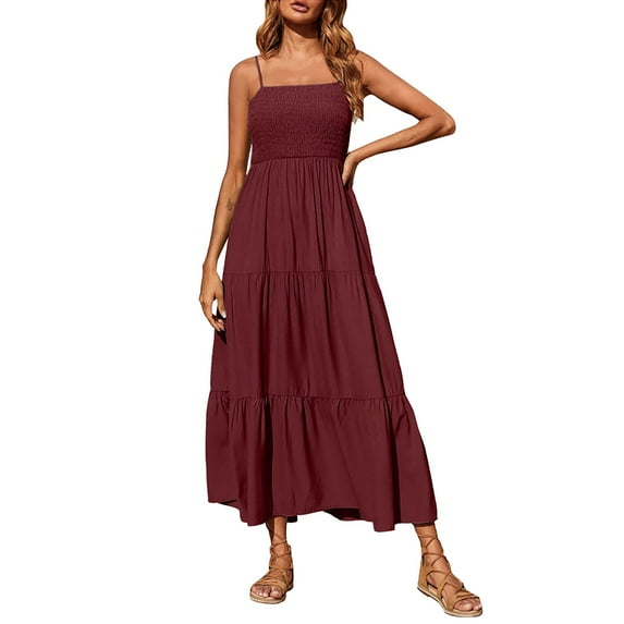 Baqcunre Sundresses For Women Women Summer Dress Casual Boho Sleeveless Strap Smocked Tiered Long Beach Sun Dresses Summer Dresses 2023 Corset Dress Red Dress XL