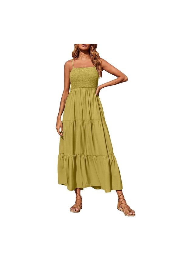 Sundresses For Women Women Summer Dress Casual Boho Sleeveless Strap Smocked Tiered Long Beach Sun Dresses Summer Dresses 2023 Corset Dress Yellow Dress S
