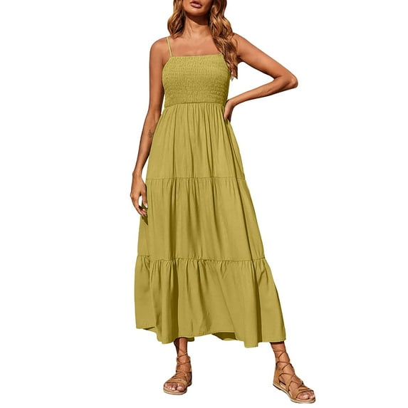 Baqcunre Sundresses For Women Women Summer Dress Casual Boho Sleeveless Strap Smocked Tiered Long Beach Sun Dresses Summer Dresses 2023 Corset Dress Yellow Dress XL