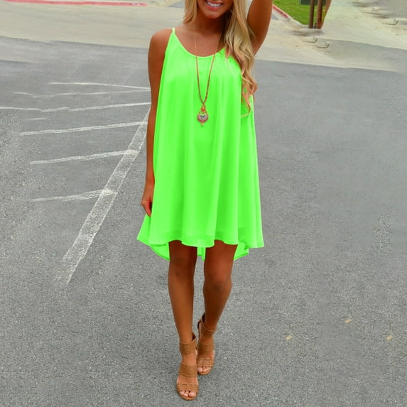 Baqcunre Sundresses For Women Ladies Solid Color Round Neck Sleeveless Hollow Chiffon Sling Dress Summer Dresses 2023 Corset Dress Mint Green Dress XXL