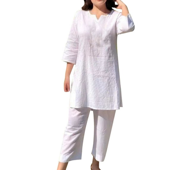 Baqcunre Sweat Set for Women Summer Solid Color Temperament National Style Long Sleeve Fashion Pullover Two Piece Set Wide Leg Pants Woman Outfits for Women Womens Fashion Womens Clothes White 4XL