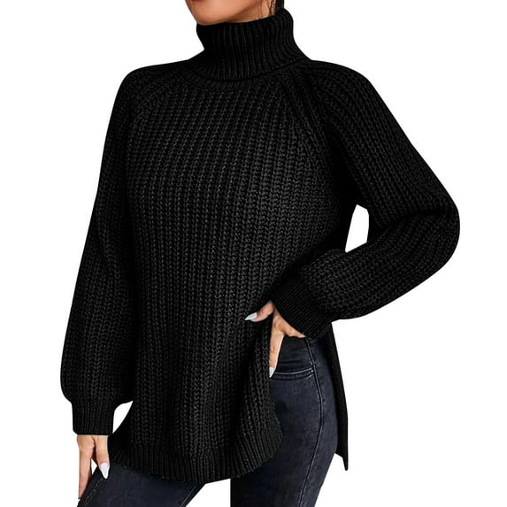 Baqcunre Sweaters For Women Loose Solid Color Sweater Medium Long Autumn/Winter Turtleneck Long Sleeved Knit Sweater Hoodies For Women Fall Outfits For Women 2023 Black L