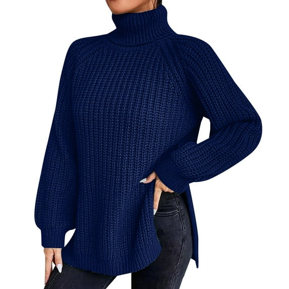 Baqcunre Sweaters For Women Loose Solid Color Sweater Medium Long Autumn/Winter Turtleneck Long Sleeved Knit Sweater Hoodies For Women Fall Outfits For Women 2023 Dark blue M