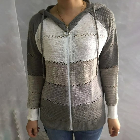 Baqcunre Sweaters For Women Plus Size Women'S Long Sleeved Cardigan Sweater Striped Hole Hooded Sweater Jacket Hooded Cardigan For Women Womens Fall Fashion 2023 Grey M