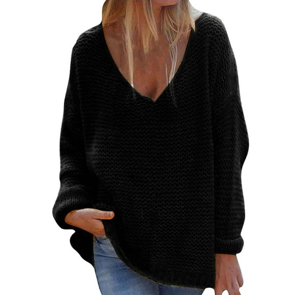 Baqcunre Sweaters For Women Women Fashion V Neck Loose Pullover Solid Color Long Sleeves Sweater Tops Womens Tops Hoodies For Women Black L