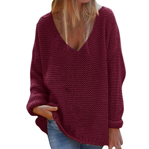Baqcunre Sweaters For Women Women Fashion V Neck Loose Pullover Solid Color Long Sleeves Sweater Tops Womens Tops Hoodies For Women Wine XXL