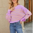 thumbnail image 1 of Baqcunre Sweaters For Women Women'S Autumn/Winter Round Neck Long Sleeve Stripe Loose Short Pullover Sweater Hoodies For Women Womens Fall Fashion 2023 Purple L, 1 of 4