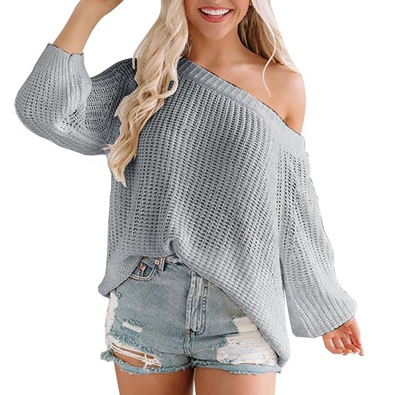 Baqcunre Sweaters For Women Women'S Off The Shoulder Line Neck Hollow Out Loose Knit Pullover Sweater Hoodies For Women Fall Clothes For Women 2023 Grey XL
