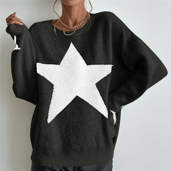 Baqcunre Sweaters For Women Women'S Pullover Round Neck Star Thread Temperament Personalized Sweater Knit Hoodies For Women Fall Clothes For Women 2023 Black M