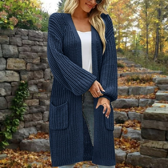 Baqcunre Sweaters For Women Women'S Solid Sleeves Loose Large Pockets Casual Knitted Sweater Cardigan Cardigan For Women Fall Outfits For Women 2023 Navy L