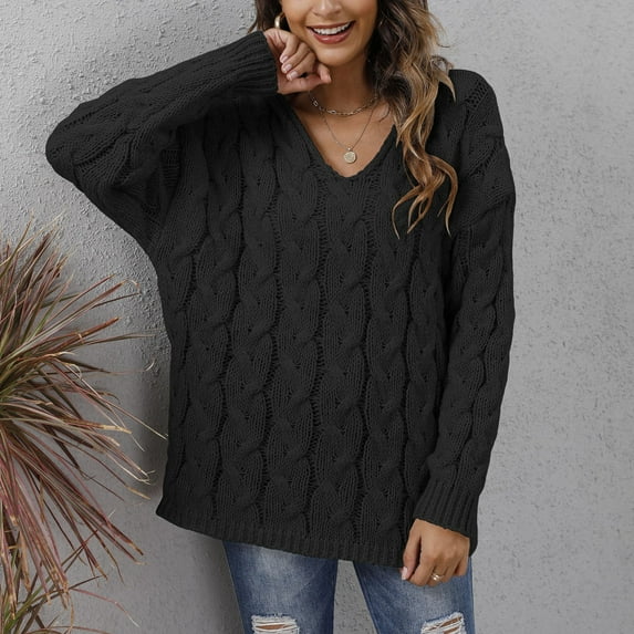 Baqcunre Sweaters For Women Women'S Thick Knit V Neck Fashion Hooded Pullover Sweater Hoodies For Women Fall Outfits For Women 2023 Black L