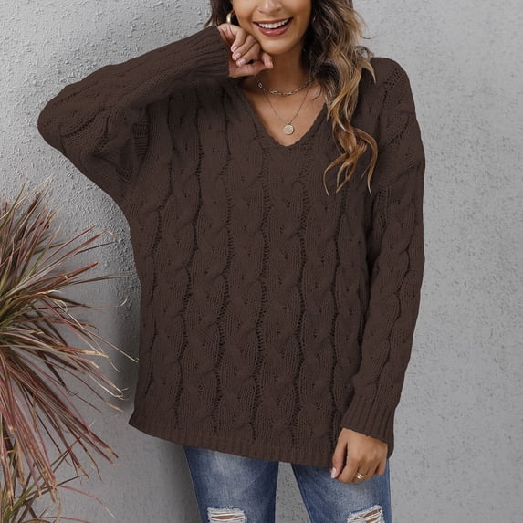 Baqcunre Sweaters For Women Women'S Thick Knit V Neck Fashion Hooded Pullover Sweater Hoodies For Women Fall Outfits For Women 2023 Brown S