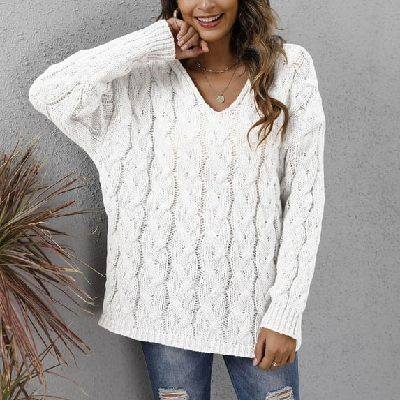 Baqcunre Sweaters For Women Women'S Thick Knit V Neck Fashion Hooded Pullover Sweater Hoodies For Women Fall Outfits For Women 2023 White M