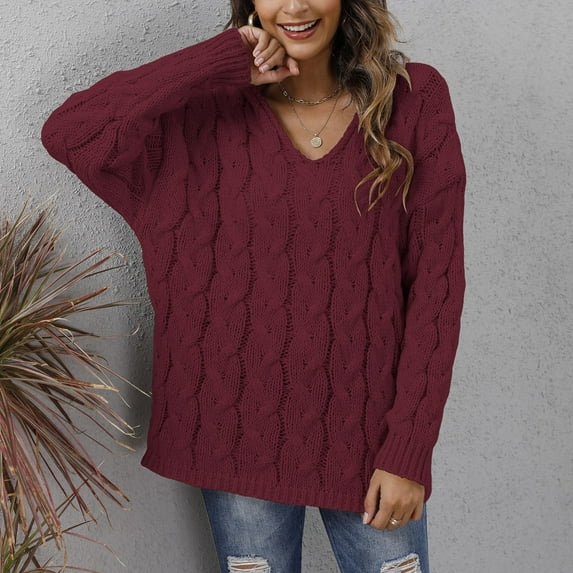 Baqcunre Sweaters For Women Women'S Thick Knit V Neck Fashion Hooded Pullover Sweater Hoodies For Women Fall Outfits For Women 2023 Wine XL