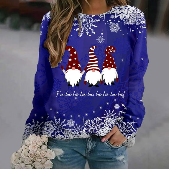 Baqcunre Sweaters For Women Women's Round Neck Long Sleeved Dwarf Fa La La La Printed Top Hooded Sweater Women Sweatshirt Fall Outfits Women Trendy Blue XL