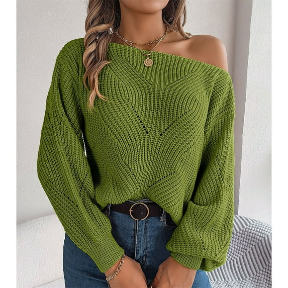 Baqcunre Sweaters For Women Women's Solid Color Casual Cut Out One Line Neck Off Shoulder Long Sleeve Pullover Sweater Crop Tops Fall Outfits Women Trendy Green M