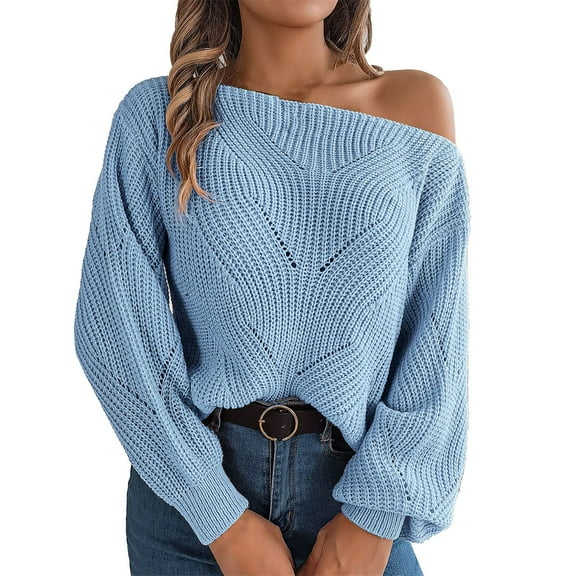 Baqcunre Sweaters For Women Women's Solid Color Casual Cut Out One Line Neck Off Shoulder Long Sleeve Pullover Sweater Crop Tops Fall Outfits Women Trendy Blue L