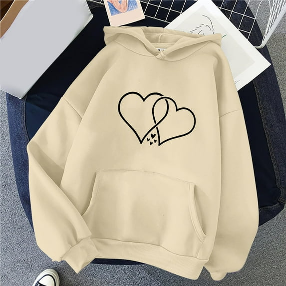 Baqcunre Sweaters For Women Women's Solid Color Long Sleeved Love Printed Hooded Sweater Women Sweatshirt Fall Outfits Women Trendy Beige L
