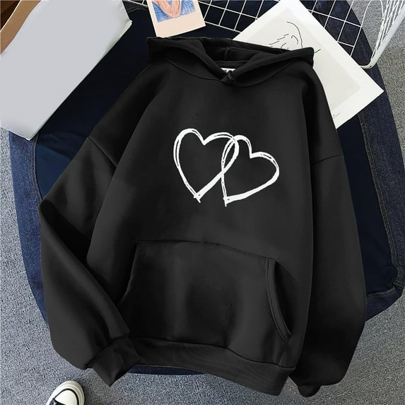 Baqcunre Sweaters For Women Women's Solid Color Long Sleeved Love Printed Hooded Sweater Women Sweatshirt Fall Outfits Women Trendy Black XXL