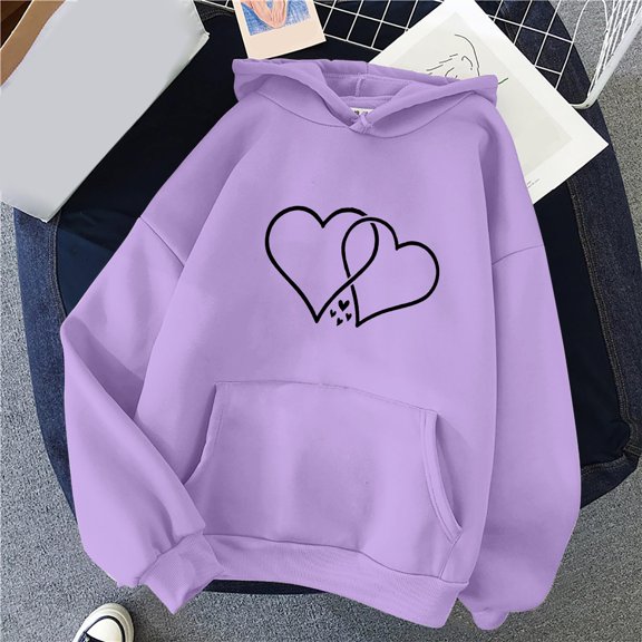 Baqcunre Sweaters For Women Women's Solid Color Long Sleeved Love Printed Hooded Sweater Women Sweatshirt Fall Outfits Women Trendy Purple M