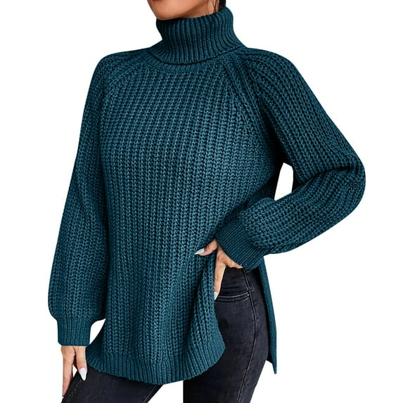 Baqcunre Sweaters For Women Loose Solid Color Sweater Medium Long Autumn/Winter Turtleneck Long Sleeved Knit Sweater Hoodies For Women Fall Outfits For Women 2023 Navy XL