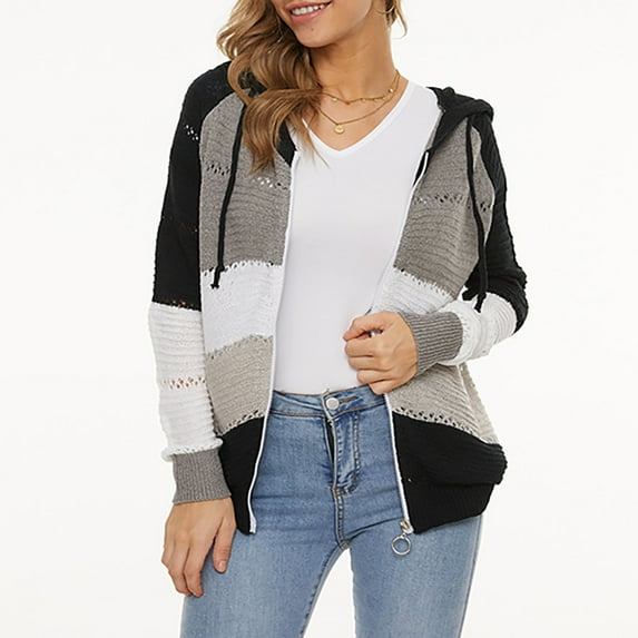 Baqcunre Sweaters For Women Plus Size Women'S Long Sleeved Cardigan Sweater Striped Hole Hooded Sweater Jacket Hooded Cardigan For Women Womens Fall Fashion 2023 Black L