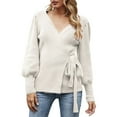 thumbnail image 1 of Baqcunre Sweaters For Women Women'S Fall Winter Wrap V Neck Sweater Balloon Sleeves Ribbed Knitted Pullover Tie Front Top Jumper Tops For Women 2023 Hoodies For Women C S, 1 of 9
