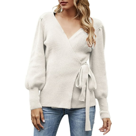 Baqcunre Sweaters For Women Women'S Fall Winter Wrap V Neck Sweater Balloon Sleeves Ribbed Knitted Pullover Tie Front Top Jumper Tops For Women 2023 Hoodies For Women C S
