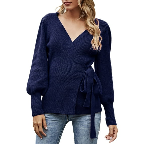 Baqcunre Sweaters For Women Women'S Fall Winter Wrap V Neck Sweater Balloon Sleeves Ribbed Knitted Pullover Tie Front Top Jumper Tops For Women 2023 Hoodies For Women Navy XL
