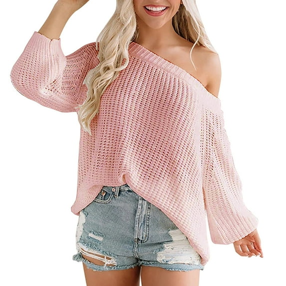 Baqcunre Sweaters For Women Women'S Off The Shoulder Line Neck Hollow Out Loose Knit Pullover Sweater Hoodies For Women Fall Clothes For Women 2023 Pink L