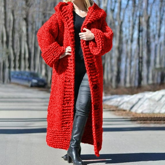 Baqcunre Sweaters For Women Women'S Solid Color Hooded Long Sleeved Cardigan Loose Knit Long Jacket Cardigan Sweaters For Women Fall Outfits For Women 2023 Red 3XL