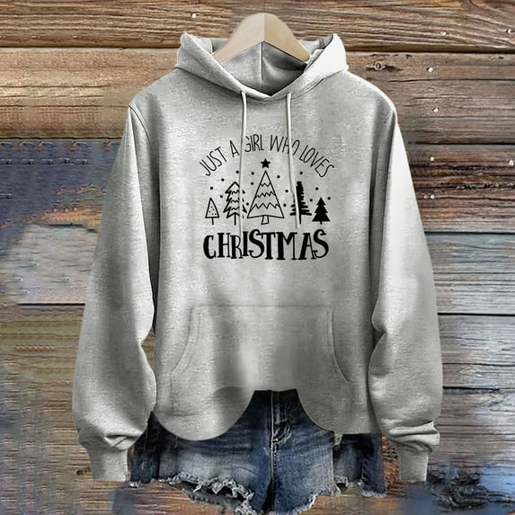 Baqcunre Sweaters For Women Women's Just A Girl Who Loves Letter Print With Drawstring Hooded Pocket Sweater Women Sweatshirt Fall Outfits Women Trendy Grey XL