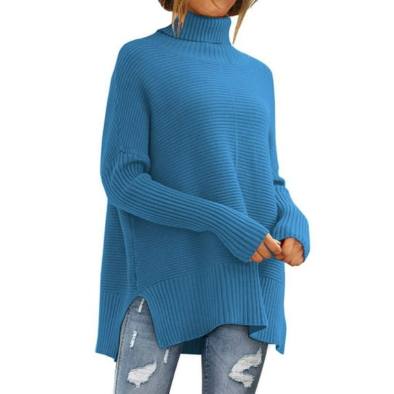 Baqcunre Sweaters For Women Women's Solid Color Turtleneck Long Sleeved Knitted Comfortable Pullover Sweater Hoodies For Women Womens Fall Tops Blue M