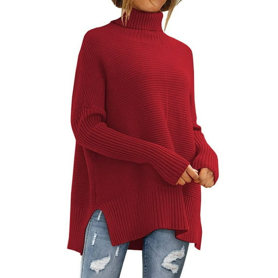 Baqcunre Sweaters For Women Women's Solid Color Turtleneck Long Sleeved Knitted Comfortable Pullover Sweater Hoodies For Women Womens Fall Tops Red XL