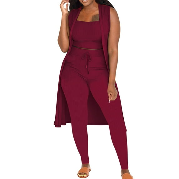Baqcunre Sweatpants Women Fall Winter Women Stretchy Wear 2022 3 Piece Pants Set Ladies Ribbed Sleeveless Coat Vest And Pants Three Pcs Outfits Lounge Sets For Women Womens Pants Red XXL