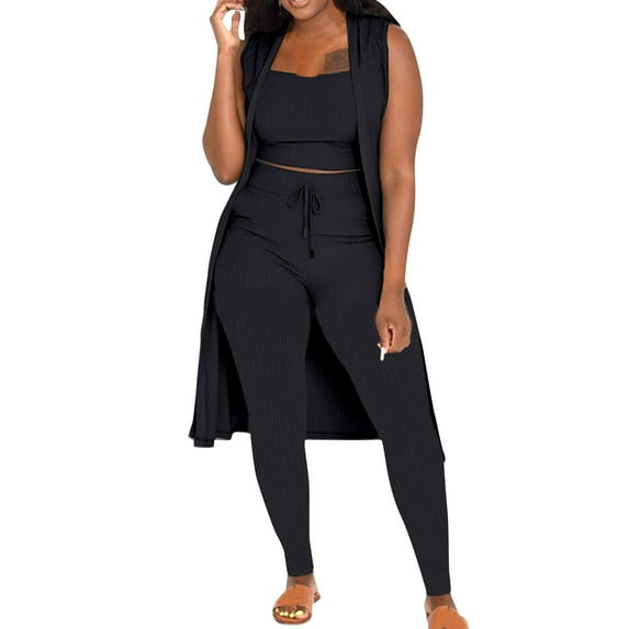 Baqcunre Sweatpants Women Fall Winter Women Stretchy Wear 2022 3 Piece Pants Set Ladies Ribbed Sleeveless Coat Vest And Pants Three Pcs Outfits Lounge Sets For Women Womens Pants Black L