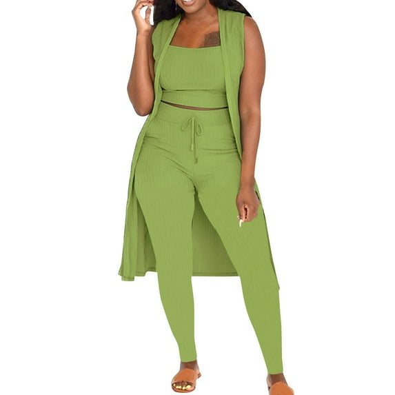 Baqcunre Sweatpants Women Fall Winter Women Stretchy Wear 2022 3 Piece Pants Set Ladies Ribbed Sleeveless Coat Vest And Pants Three Pcs Outfits Lounge Sets For Women Womens Pants Green XXL