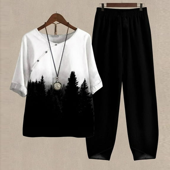 Baqcunre Sweatpants Women Ladies Five Sleeve Printed Blouse Pants Two Piece Suit Workout Sets For Women Women'S Pants Black L