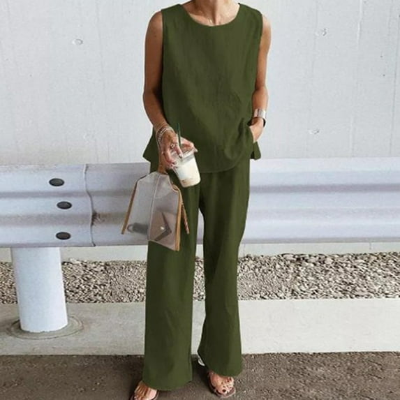 Baqcunre Sweatpants Women Sets For Women Summer 2 Piece Outfits Sleeveless Tank Crop Button Back Top Cropped Wide Leg Pants Set Pockets Lounge Sets For Women Women'S Pants Green M