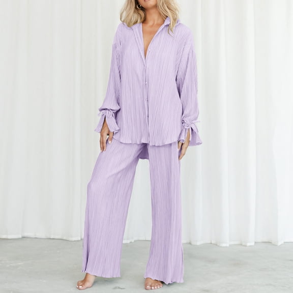 Baqcunre Sweatpants Women Women 2 Piece Outfits Long Sleeve Loose Fit Button Down Shirts Blouses Tops Wide Leg Long Pants Sets Workout Sets For Women Womens Pants Purple S