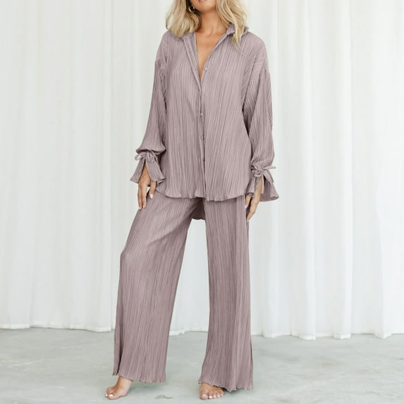 Baqcunre Sweatpants Women Women 2 Piece Outfits Long Sleeve Loose Fit Button Down Shirts Blouses Tops Wide Leg Long Pants Sets Workout Sets For Women Womens Pants Grey S