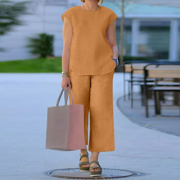 Baqcunre Sweatpants Women Women Casual Summer 2 Piece Suit Crew Neck Vest Basic Wide Leg Pants Lounge Sets For Women Women'S Pants Yellow L