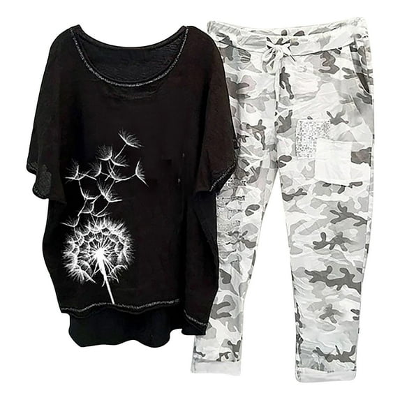 Baqcunre Sweatpants Women Women Fashion Prints Button Shirt High Waist Loose Pocket Pant Two Piece Top And Bottom Set Workout Sets For Women Pants For Women Black L