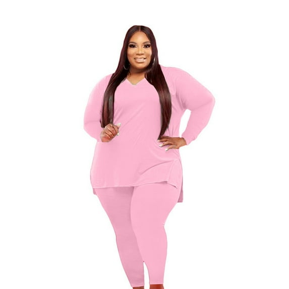 Baqcunre Sweatpants Women Women'S Plus Size Two-Piece Suit Women'S Fashion V-Neck Long-Sleeved Trousers Soft Suit Lounge Sets For Women Pants For Women Pink 5XL