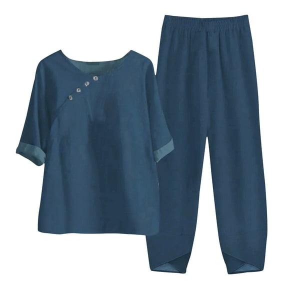 Baqcunre Sweatpants Women Women'S Prints Button Mid Sleeve Shirt High Waist Loose Pocket Pant Two Piece Top And Bottom Set Workout Sets For Women Womens Pants Navy L