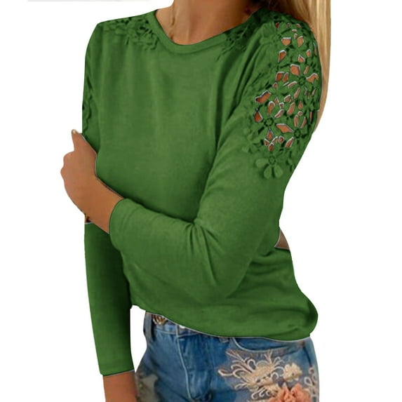 Baqcunre Sweatshirt For Women Women'S Round Neck Solid Color Hollow Stitching Long Sleeved T Shirt Womens Fall Tops T Shirts For Women Green S