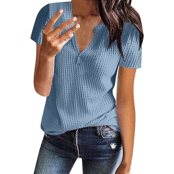 Baqcunre Sweatshirt For Women Women'S Summer Fashion Knit Short Sleeve Tunic Top V Neck Loose Shirt Going Out Tops Womens Blouses Light blue L